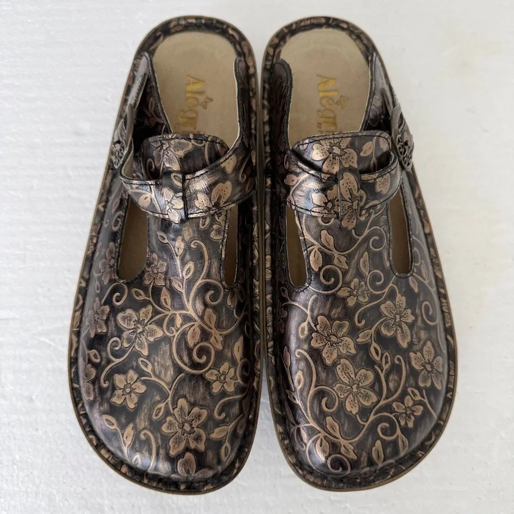 Size 40 Alegria Floral Embossed Leather Clogs Mary Jane Mule Brown Comfort Shoes - Picture 10 of 13